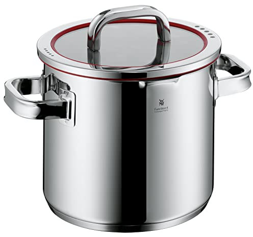 WMF Function 4 Gemüse- Suppentopf Induktion 20cm, Glasdeckel, Kochtopf groß 5,3l, Cromargan Edelstahl poliert, 4 Abgießfunktionen, großer Topf mit Innenskalierung, rot