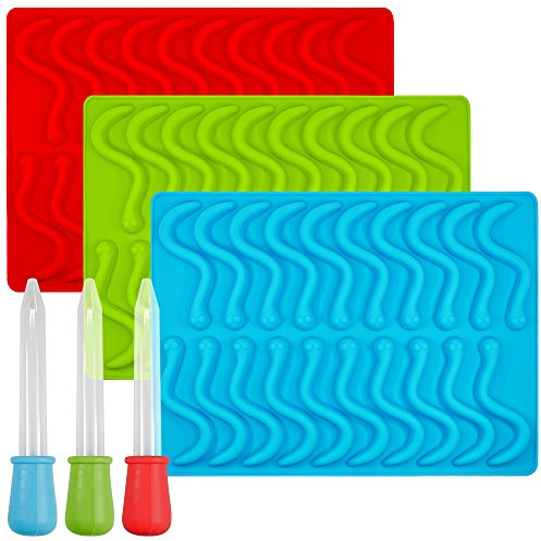 Gummy Worm Silicone Molds with 3 Droppers, SENHAI 3 Pack Molds Ice Cube Trays for Jelly Chocolate Soap Cake Wax, Available in Oven Fridge Microwave Oven Freezer
