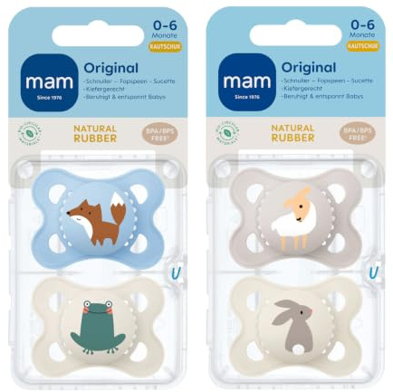 MAM Original // LATEX // Naturkautschuklatex Schnuller 0-6 // 4er Set Uni // inkl. 2 Sterilisiertrasportboxen