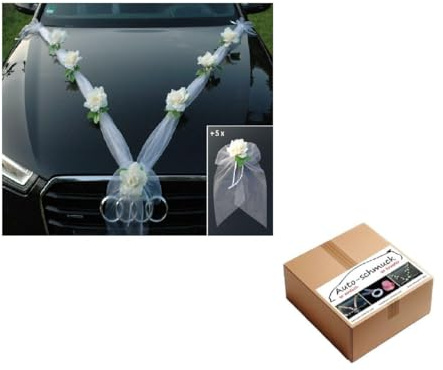 ORGANZA M + SCHLEIFE Auto Schmuck Braut Paar Rose Deko Dekoration Autoschmuck Hochzeit Car Auto Wedding Deko Ratan Girlande PKW … (Ecru Weiß)