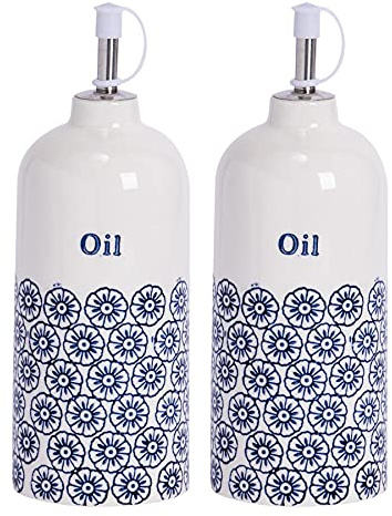 Nicola Spring Olive Oil Bottles - 500ml - Pack of 2 - Dishwasher Safe Stoneware Kitchen Hand Printed Navy Olive Oil Dispenser Cruet with Chrome Pourer Spout for Kitchens, Restaurants, Dining
