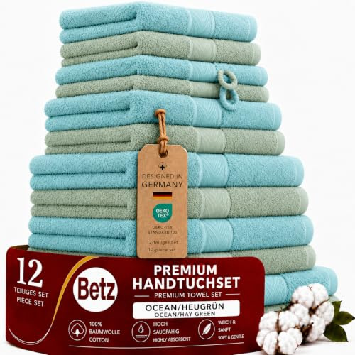 Betz Premium Handtuch-Set 12-teilig – 100% Baumwolle – Oeko-TEX® Zertifiziert – hohe Grammatur – Duschtücher, Handtücher, Gästetücher & Waschhandschuhe Farbe heugrün/Ocean