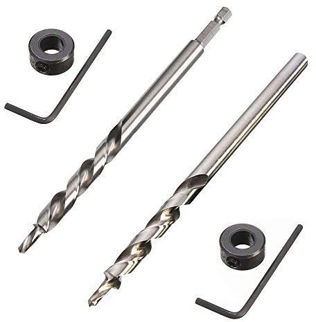 Saipor 2 Pcs 9.5mm(3/8”) Pocket Hole Drill Bit 1/4”Hex Shank and Round Shank Replacement Twist Step Drill Bit with Depth Stop Colla for Manual Pocket Hole Jig System Grill Guide Drill Tools Kit
