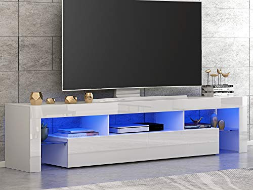 Panana High Gloss Front LED TV Stand Cabinet Unit 200cm Width Modern TV Desk with Storage Drawer for Entertainment Living Room Furniture (All White)