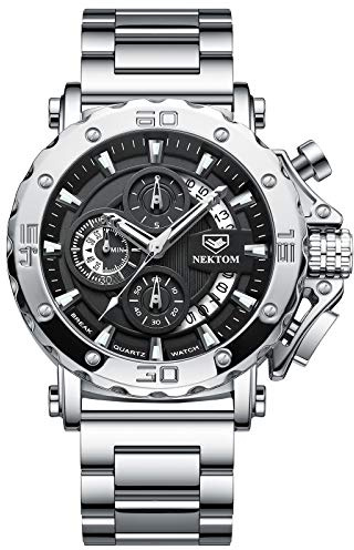 NEKTOM Military Watches for Men Large Face Army Watch Workout Waterproof Stainless Steel Big Dial Tactical Watch Multi-Function Sports Quartz Wrist Watches with Stopwatch, Date