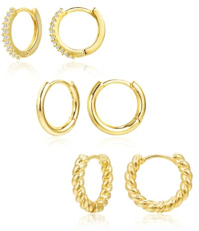 ALEXCRAFT 3Paar 14K Vergoldet Silber Creolen Kleine Ohrringe Set für Damen | Ohrringe Creolen Kleine Set Stapelbar Mehrere Ohrring Silber 925 Schlafen Knorpel Kreolen Huggies Creolen Gold Damen Schmuck