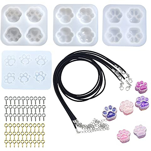 Cayway Katzenpfoten Resin Silikonformn 4 Stück Bärentatze Resin Form Epoxidharz Formen Gießform, Schwarzes Wachsseil, Augenschraubenstifte für Harz DIY, Anhänger, Schlüsselanhänger