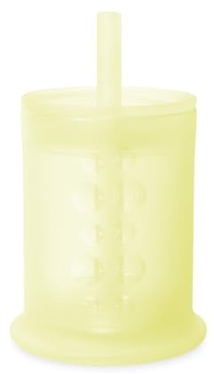 Olababy Silicone Training Cup | Mini Drinking Cup for Babies | 6-12 Months Infant to 12-18 Months Toddler | Convertible to Smoothie Cup with Straw | Must Have Baby Led Weaning Supplies (Lemon)