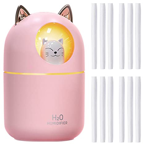 Cute Portable Cool Mist Humidifier with 12 Pcs Sticks & 7 Color Night Light - USB Air Humidifier for Bedroom Office Desk Car Travel (Pink + 12 Filter Cotton Sticks)