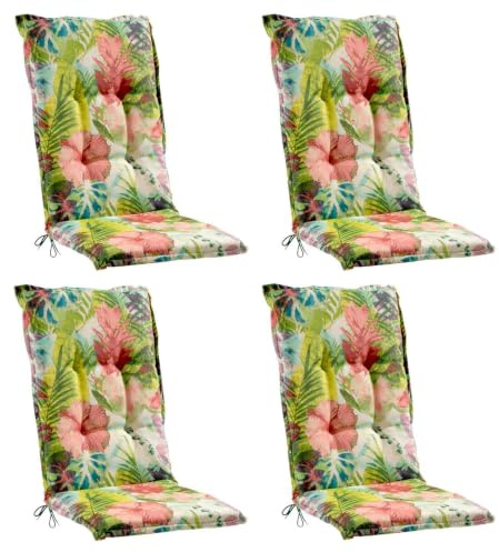 Home4You Gartenstuhlauflagen Hochlehner 4er Set - 120 x 50 cm - Mehrfarbig - Baumwolle - Polyester - Blumenmuster - Sesselauflage Sitzpolster Stuhlauflage