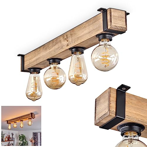 HOFSTEIN Deckenleuchte Montgomery, Deckenlampe aus Holz/Metall in Natur/Schwarz, moderne Leuchte im skandinavischen/Boho/Industrial-Design mit Holzbalken, 4 x E27, Schlafzimmer, Wohnzimmer, Esszimmer