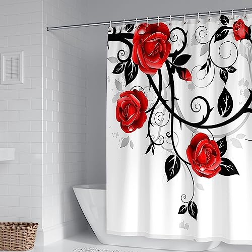 Banemi Duschrollo für Badewanne, Duschvorhang Edel Rot Schwarz Polyester Rosenzweige Duschvorhang für Männer 150X180cm