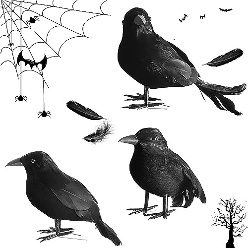 3 Pièces Corbeaux Noirs à Plumes pour Halloween, Corbeaux Noirs Artificiels, Corbeau d'halloween Décoration, Corbeau Artificiel Réaliste, Horreur Déco d'halloween Extérieur Prank Décoration de Fête