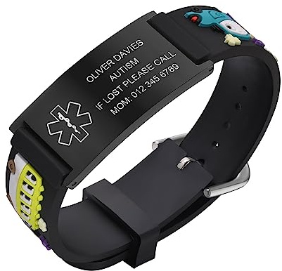 Kids Bracelet Safety ID Wristbands - Cusromised Outdoor Anti-Lost Wristband with Silicone Cartoon Pattern, Personalised Medical Alert Bracelets with Emergency Contact Information For Child Boys Girls