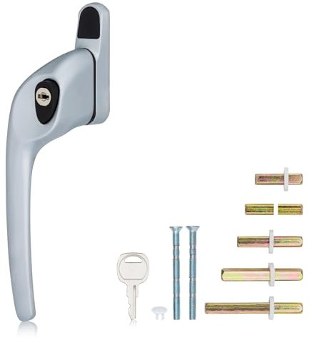 XFORT Cranked Locking Window Handle Installation Kit in Satin Chrome, Left Hand UPVC Window Handle Replacement, Offset Lockable Window Lever