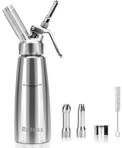 Rotass Dispenser per panna montata in acciaio inox, 500 ml, con 3 beccucci, spruzzatore per panna per dessert, sifone per Espuma, sifone per crema, bottiglia di Espuma, panna montata, per regali di
