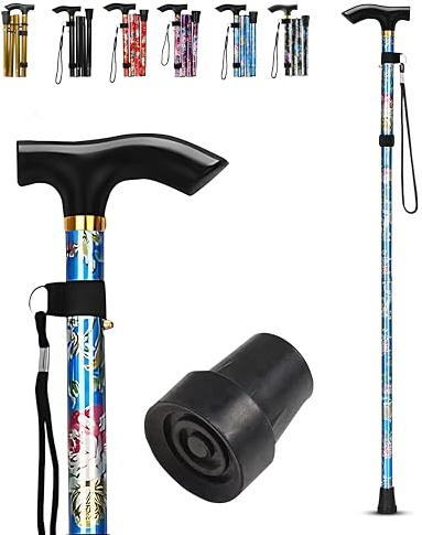 LZZAZ® Promenadstav, justerbar höjd, vikbara promenadkäppar för män, aluminium för kvinnor och funktionshindrade hjälpmedel, promenadkäpp och rörlighetshjälpmedel (blå blommor)