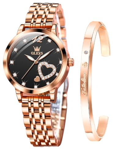 OLEVS Damenuhr Geschenke Set mit Diamant Herzform Armband Roségold für Damen Weiblich Schwarzes Gesicht Wasserdicht Analoge Quarz-Armbanduhren