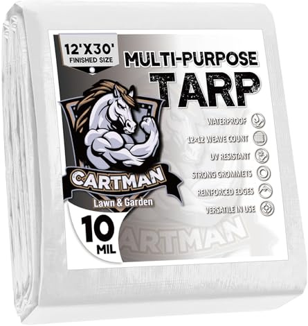 CARTMAN Finished Size 12x30 Feet 10 Mil White Heavy Duty Poly Tarp, Multipurpose Protective Cover, UV Resistant, Waterproof Poly Tarpaulin with Reinforced Edges Tarpaulin with Reinforced Edges