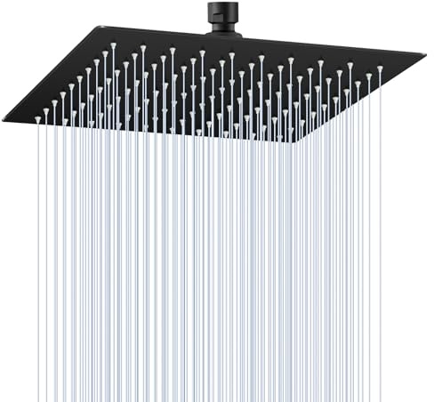 KINLIV Regendusche Duschkopf Schwarz 25CM X25CM, 304 Edelstahl Quadratischer Deckenkopf 10 Zoll, 121 Anti Kalk Düsen, 360° Wasserfall Regenduschkopf für Badezimmer