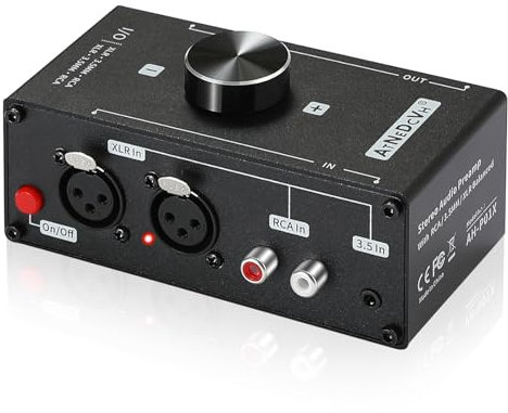 AtNeDcVh Stereo Audio Vorverstärker – XLR symmetrischer RCA 3,5mm Eingang auf XLR RCA 3,5mm Ausgang, Konverter Adapter Verstärker für Phono Plattenspieler Phonograph (Schwarz)