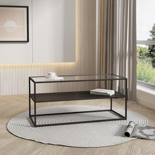 [en.casa] Couchtisch Solund Beistelltisch mit Glasplatte Metall Schwarz matt Wohnzimmertisch mit Stauraum 102 x 43 x 46 cm Sofatisch rechteckig Kaffeetisch