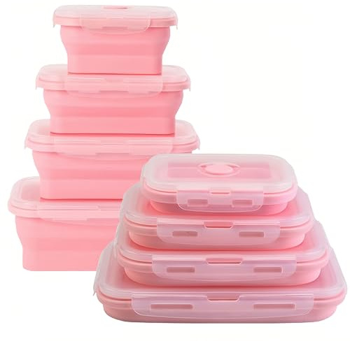 Movstriker Collapsible Silicone Food Storage Containers with Lids, 4 Pack Set Portable Bento Lunch Box Meal Prep Containers Reusable, Space Saving Microwave/Fridge/Freezer/Dishwasher Safe (Pink)