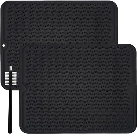GOTFUN 2 Stück Abtropfmatte Geschirr, 40x30cm Abtropfmatte Spüle mit Reinigungsbürste, Geschirr Abtropfmatte Silikon zum Trocknen Von Geschirr und Gläsern, Rutschfeste Hitzebeständige (Schwarz)