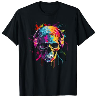 Totenkopf Bunt DJ mit Kopfhörer Bandana Musiker Musik T-Shirt