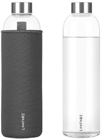 LOOFORE Borraccia in Vetro 1 litro 1000 ml 750 ml, Bottiglia d'Acqua Trasparente Portatile con Guaina Protettiva in Neoprene, Bottiglia Vetro 1 Litro per Acqua per Il Campeggio Viaggi tè Ufficio