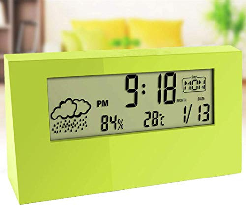 SilteD Reloj meteorológico LED Transparente con pronóstico del Tiempo, termómetro Digital, higrómetro, Pantalla HD, estación meteorológica, Radio Despertador, Negro (Blanco) (Verde)