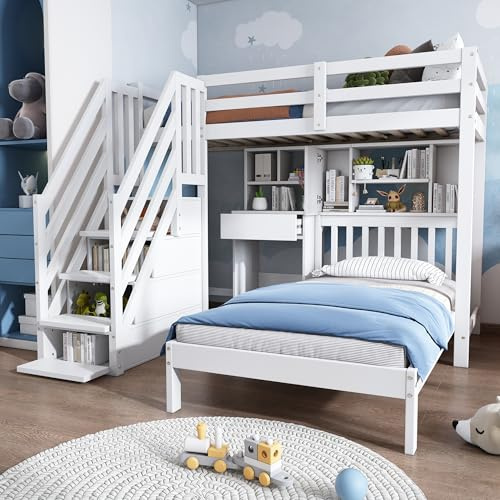 Etagenbett 90x200 mit Schreibtisch und Bücherregal, Kinderbett mit 4 Speicherung Treppe, Hochbett für 2 Kinder Stockbett mit Rausfallschutz & Lattenrost, Funktionsbett Jugendbett, ohne Matratze, Weiß