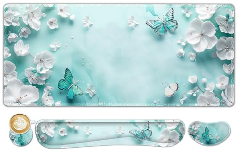 ToLuLu Large Mouse Pad Desk Pad, Wrist Rest Desk Mat for Keyboard and Mouse | 4PCS 35.4”x15.7 XXL Giant Mouse Pad, Non-Slip Base Stitched Edges Mousepad for Home Office, Teal Butterfly