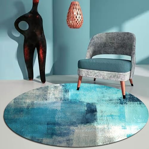 SJHDHDA Runder weicher Flächenteppich ø 100cm für Wohnzimmer, Schlafzimmer, großer Esszimmerteppich, Kurzflorteppich, waschbarer Flächenteppich, rutschfest, Retro-Aquarell, grau-Blaue Nähte Learned