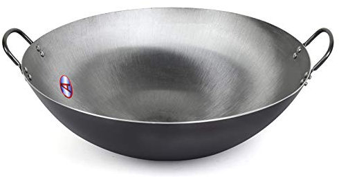 OQHAIR Wok Big Heavy Canton Style Wok in Acciaio al Carbonio martellato a Mano (Fondo Tondo), 50 cm (36 cm)