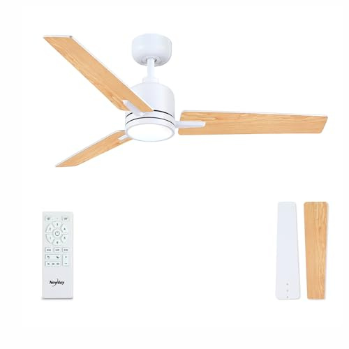 Newday Deckenventilatoren Weiß Holz, 122cm Deckenventilator mit Beleuchtung und Fernbedienung Leise, Ventilator Decke mit Lampe Dimmbar, DC Motor Reversibel für Schlafzimmer Wohnzimmer