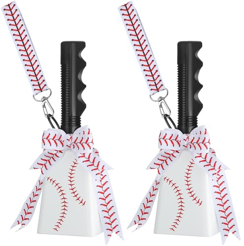 Relaxweex 2 Pack Cow Bells with Handle & Wrist Strap Ribbon Bows Loud Cowbell Noise Makers for Sporting Events, Games, Cheer, Graduations, Team(Baseball)