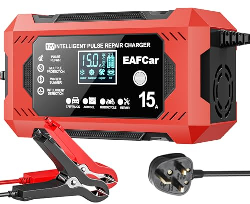 EAFCar 15Amp Car Battery Charger, 12V Smart Trickle Charger and Maintainer, LCD Screen Maintainer/Pulse Repair Activation Pack for Car, Motorcycle, Lead Acid Batteries & AGM. (15A)