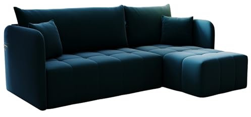 KP-Meble - Ecksofa mit Schlaffunktion Santo, Schlafsofa mit Bettkasten Couch, Wohnlandschaft, Bequemer Sitz - Velourstoff mit dekorativer Steppung - Rechts - Monolith 77 (Blau)