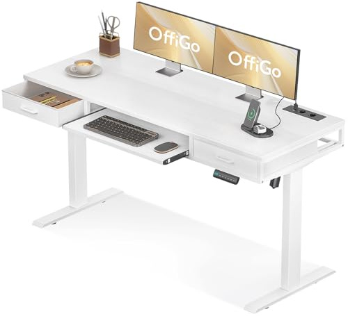 OffiGo Höhenverstellbarer Schreibtisch mit Schubladen, 140cm Schreibtisch Höhenverstellbar Elektrisch mit Tastaturablage, Computertisch mit Steckdose, Stehpult Bürotisch,Weiß