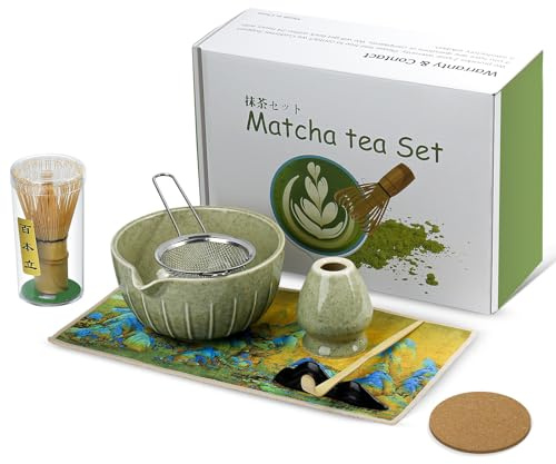 8 stycken Matcha-set, matcha kvast, keramisk matcha-skål, matcha-kopp, matcha-whisk, matcha sil, matcha sked, diskhanddukar, hantverkspresent för matcha-älskare