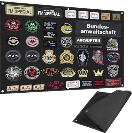 Pizarra táctica de velcro para parches, pantalla de parche militar con ojales y ganchos, plegable, color negro, ideal para parches morales, organizador (110 x 70 cm)