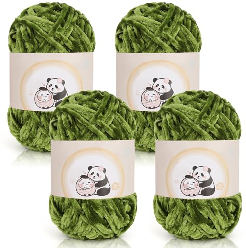 Aeelike 400g Warme Chenille Strickwolle zum Häkeln, Flauschige Dicke Wolle zum Handstricken, Samt Velvet Babywolle zum Stricken, Weich Plüschwolle für Amigurumis Babydecke, Olivgrün