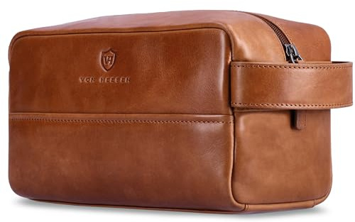 VON HEESEN Kulturbeutel Leder Kulturtasche für Herren & Damen - Echtleder Necessaire ideal zum Reisen - Waschtasche und Kosmetiktasche mit einem Hauptfach Cognac-braun, groß