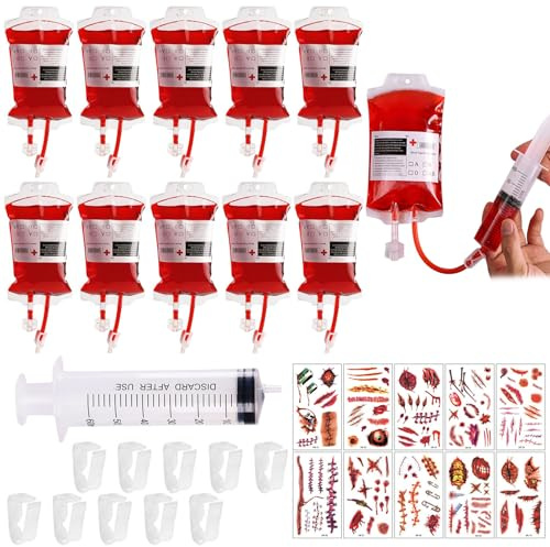 QEEROYO 10 Pezzi Halloween Sacchetti di Sangue per Bevande, Sacchetti per Bevande di Halloween, con Siringa e Adesivi per Vampiro, Infermiera Cosplay, Cosplay, Zombie Party