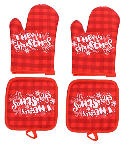 LIGIGWASH 2 Sets Christmas Printed Oven Gloves Set Red Thermal Insulation Gloves with Non Slip Grip and Scald Protection for Baking Cooking Microwave and Barbecue Use