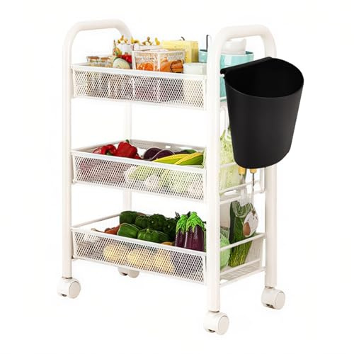 KATLKIU 3 Tier Storage Trolley, Rolling Cart, Kitchen Storage Cart, Metal Bathroom Cart, Portable, Stable and Easy to Assemble, Bedroom Kitchen Bathroom Living Room Storage Cart, Metal, White