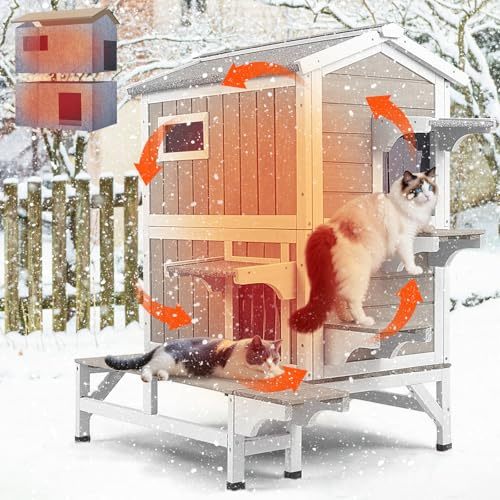 PetsCosset Insulated Cat House Outdoor Weatherproof with Balcony All-Round Insulation Outside Wooden Feral Cat Shelter for Winter with 3 Jumping Platforms and Openable Roof for Cats and Small Animals