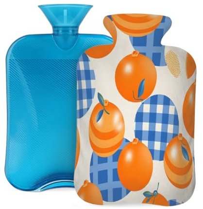 Mexpekil Bolsa de agua caliente a cuadros naranja y azul con funda, bolsa de agua caliente de PVC de 2 litros para aliviar el dolor, pies, espalda, calor