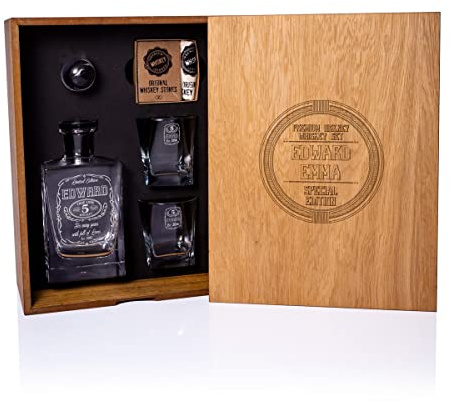 Couples Anniversary Whiskey Gift Set – Personalized Decanter & Glasses with Names, Years Together & Date – Custom Engraved Carafe Whiskey Set in Wooden Box – Gift for Him, Her, Husband, Wife (Style 5)